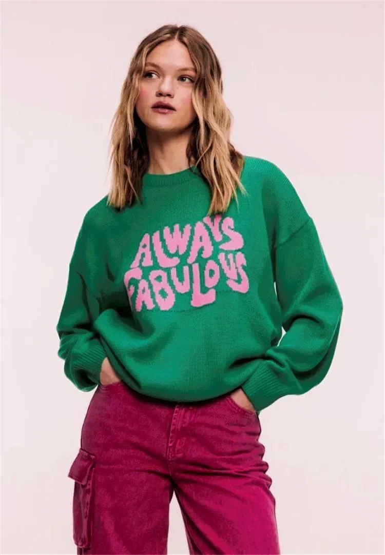 Autumn Winter Green Sweater Women Simple Pullover Knit Elastic Jumper Casual Thick PINKY Warm Y2k Letter Korean Jacquard Jumpers