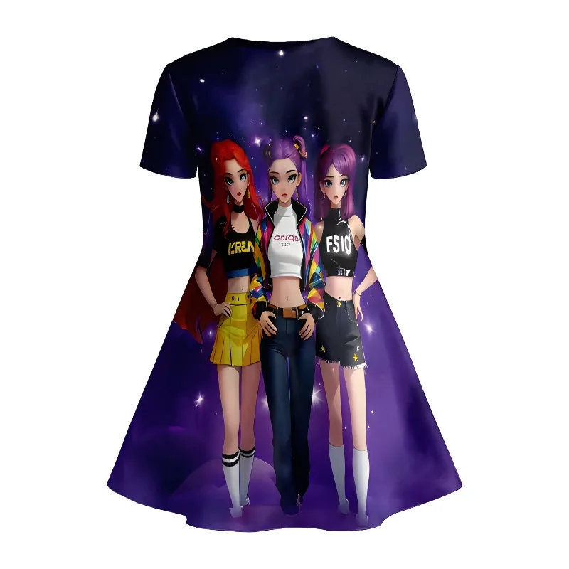 T-Shirt-Kleid mit Anime-Girl-Group-Aufdruck, K-Pop-Fan-Kinderkleid in Lila Galaxy, lässiges Kleid, geeignet für Geburtstagsgeschenke – Detail 4