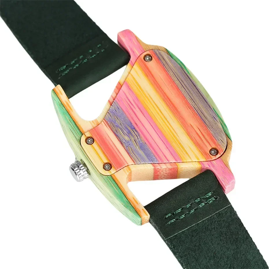 Montre Triangle en Bois pour Femme, Unique, Créative, Colorée, Vert/Rouge, Montre-Bracelet en Cuir group, Élégante, Cadeaux