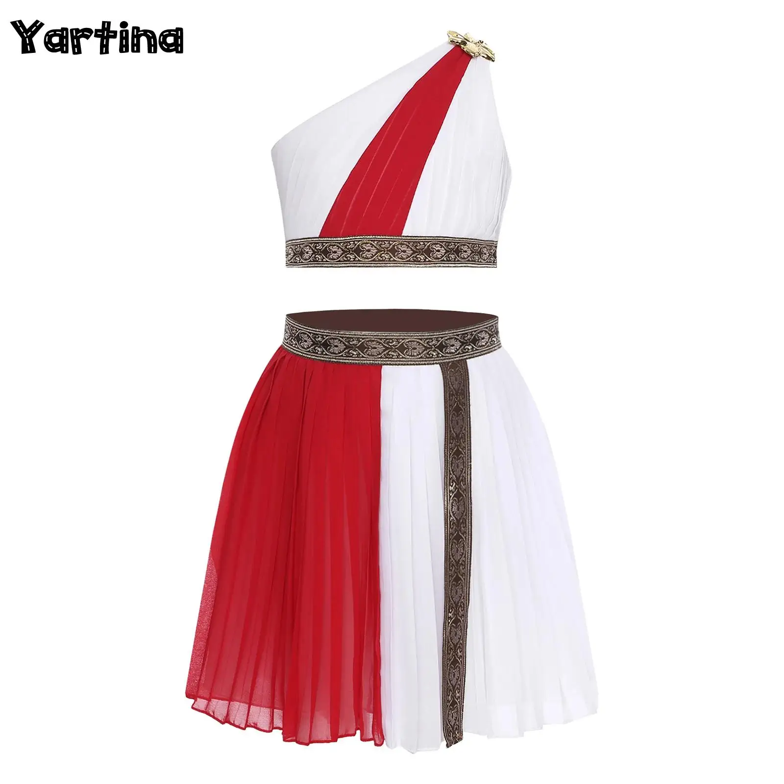 

Kids Girls Roman Ancient Greek Carnival Cosplay Costume Metal Flower Crop Top with Pleated Skirt Themed Party Halloween Outfits