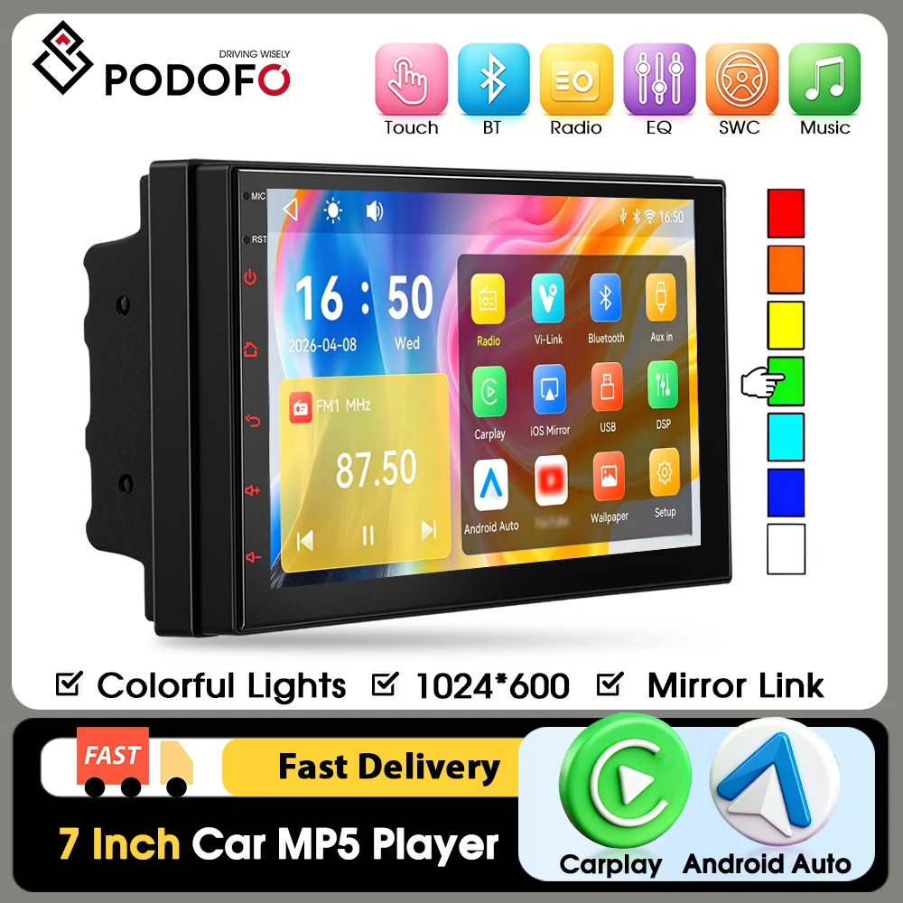 Podofo 7-Zoll 2Din Auto-MP5-Multimedia-Player Kabelloses Carplay Android Auto Autoradio mit Mirrorlink Bluetooth FM/RDS DSP Unterstützung für Rückfahrkamera
