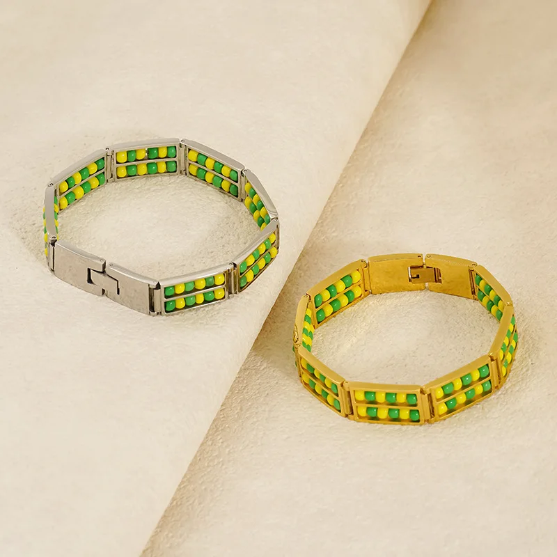 

Waterproof Natural Stone 18K Stainless Steel Double layers Beads Bracelet No Color Loss Bangle For Women Fashione Jewelry