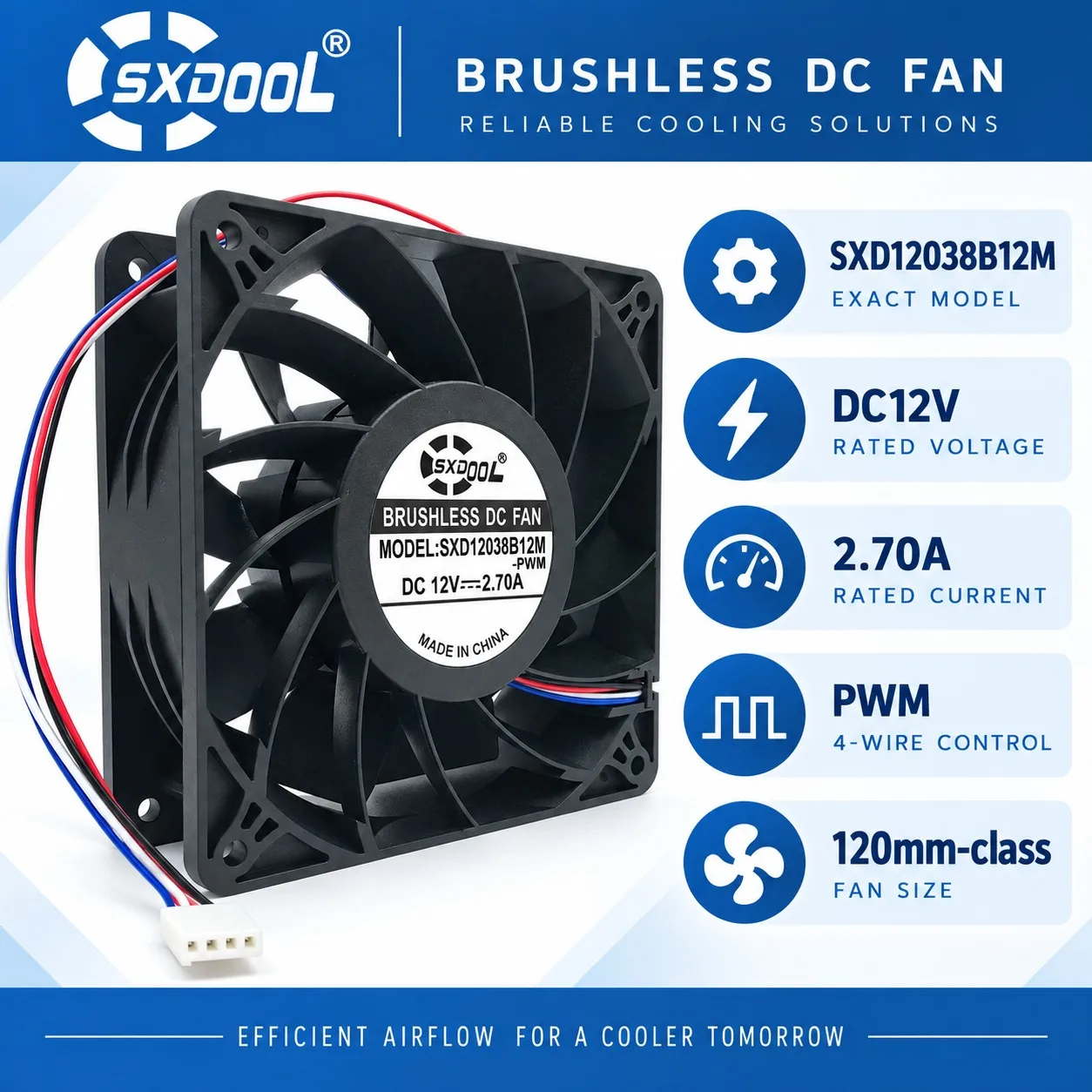 SXD12038B12M Cooling Fan 120x120x38mm 12038 DC12V 4500RPM 200CFM for Antminer for Bitmain S7 S9, Miner for SXDOOL
