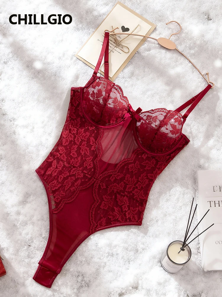 

CHILLGIO Women Floral Lace Strappy Rompers Lingerie Sexy One Piece Combination Catsuit Bodycon Onesie Push Up Underwire Bodysuit
