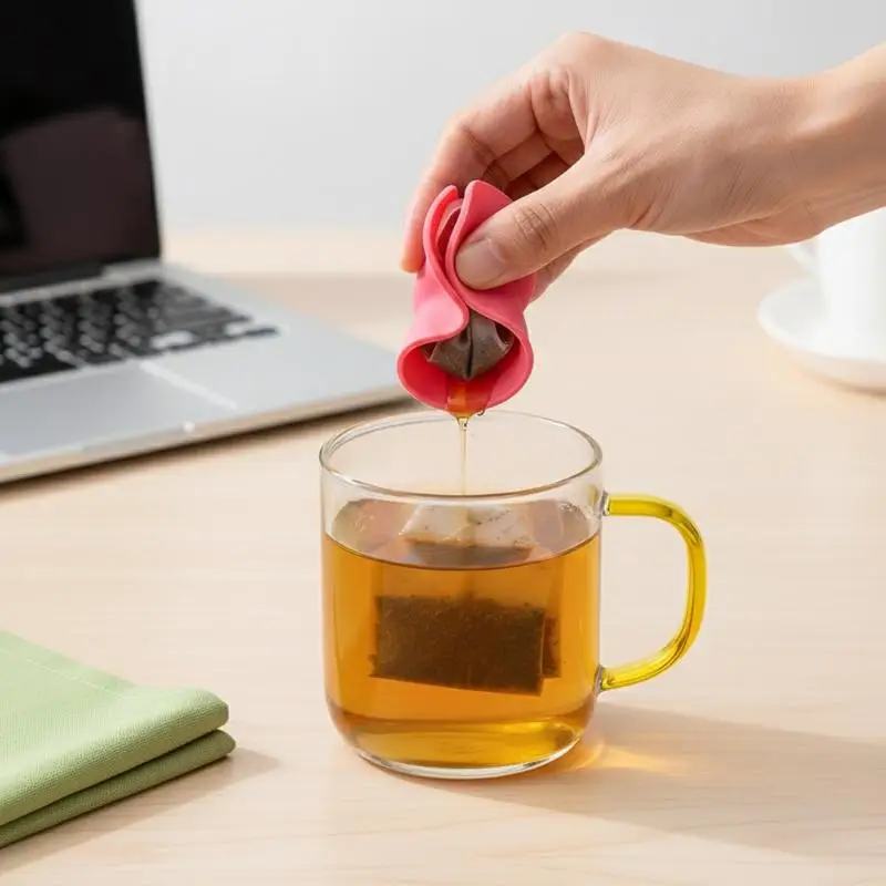 New！Silicone Tea Bag Partner With Handle Tea Bag Holder & Squeezer Reusable Mugs Lids Easy To Use Dishwasher Safe