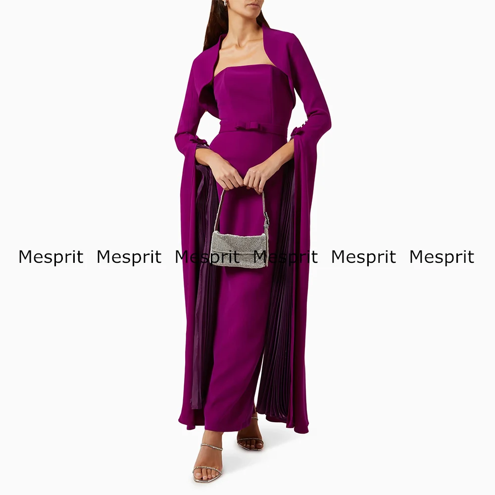 Purple Mermaid Evening Dress Long Sleeves Cape Strapless Bow Buttons Maxi Dresses Ankle Length Prom Gown Dubai Party Dresses