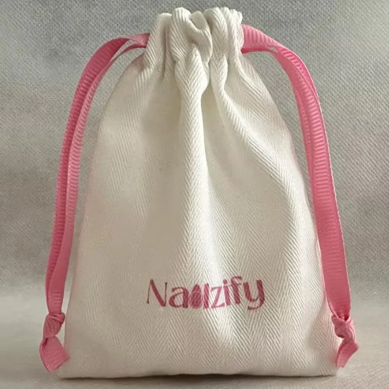 Luxury Herringbone Canvas Drawstring bag with logo print custom pink ribbon for jewelry makeup packaging Dust Sack