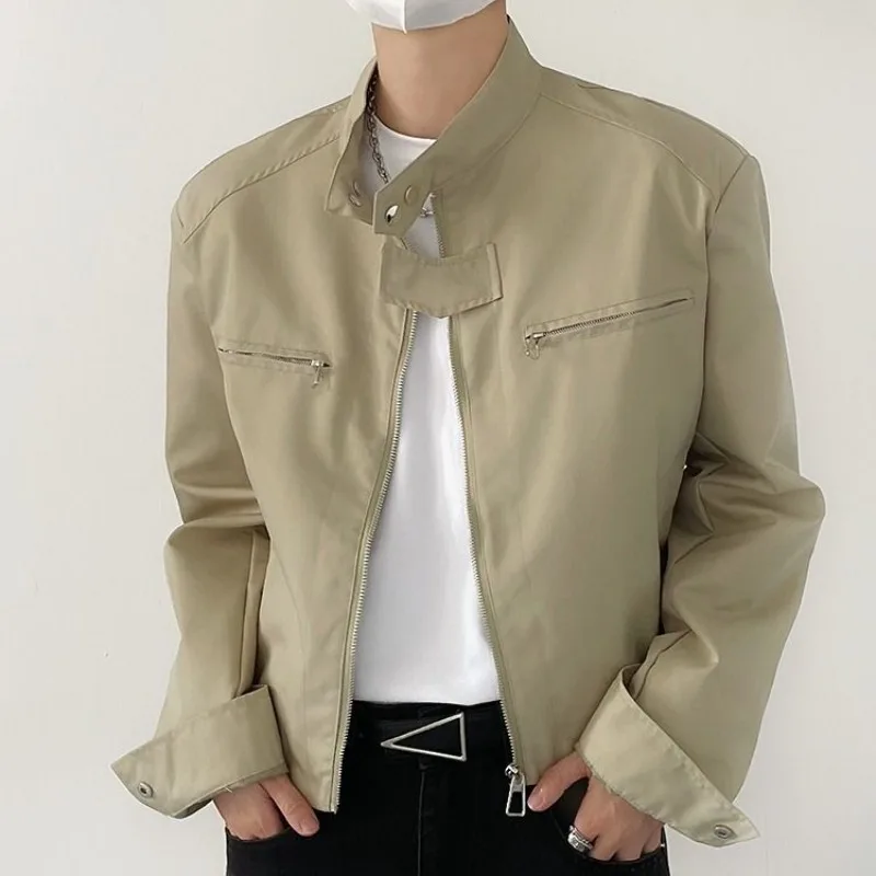 

Spring Autumn Stand Collar Functional Shoulder Pad Jacket Ins Men's Thin High Waisted Design Coat Trendy Versatile Short Outwear