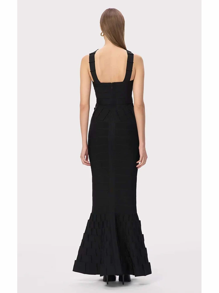 مثير السباغيتي الأشرطة حورية البحر ضمادة فستان المرأة السوداء أكمام عارية الذراعين Bodycon فساتين طويلة مساء رداء حفلات