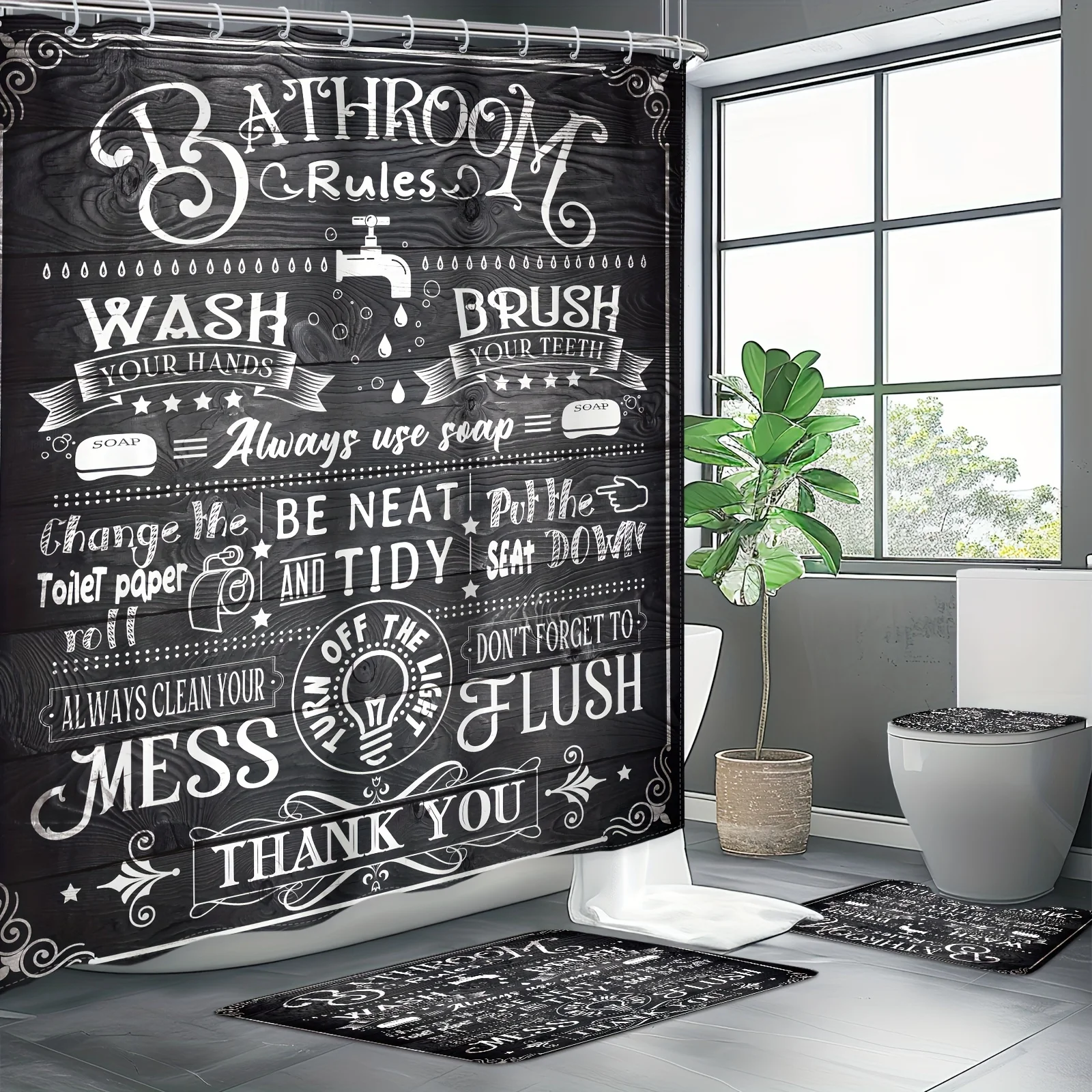 

4pcs - Black Bathroom Rules Shower Curtain Set, Vintage Lace Wood Board Funny Quotes Inspirational Sayings Modern High Quality S