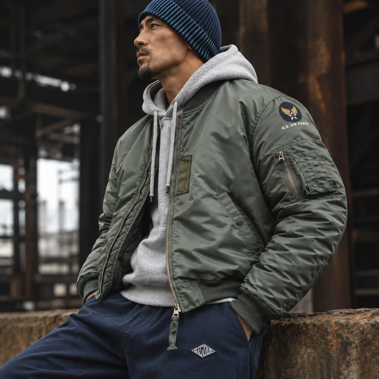 Men's 1955 Style MA-1 Military Bomber Jacket Pilot Flight Coat Vintage Classic Retro Windproof Warm Fall Winter Outerwear