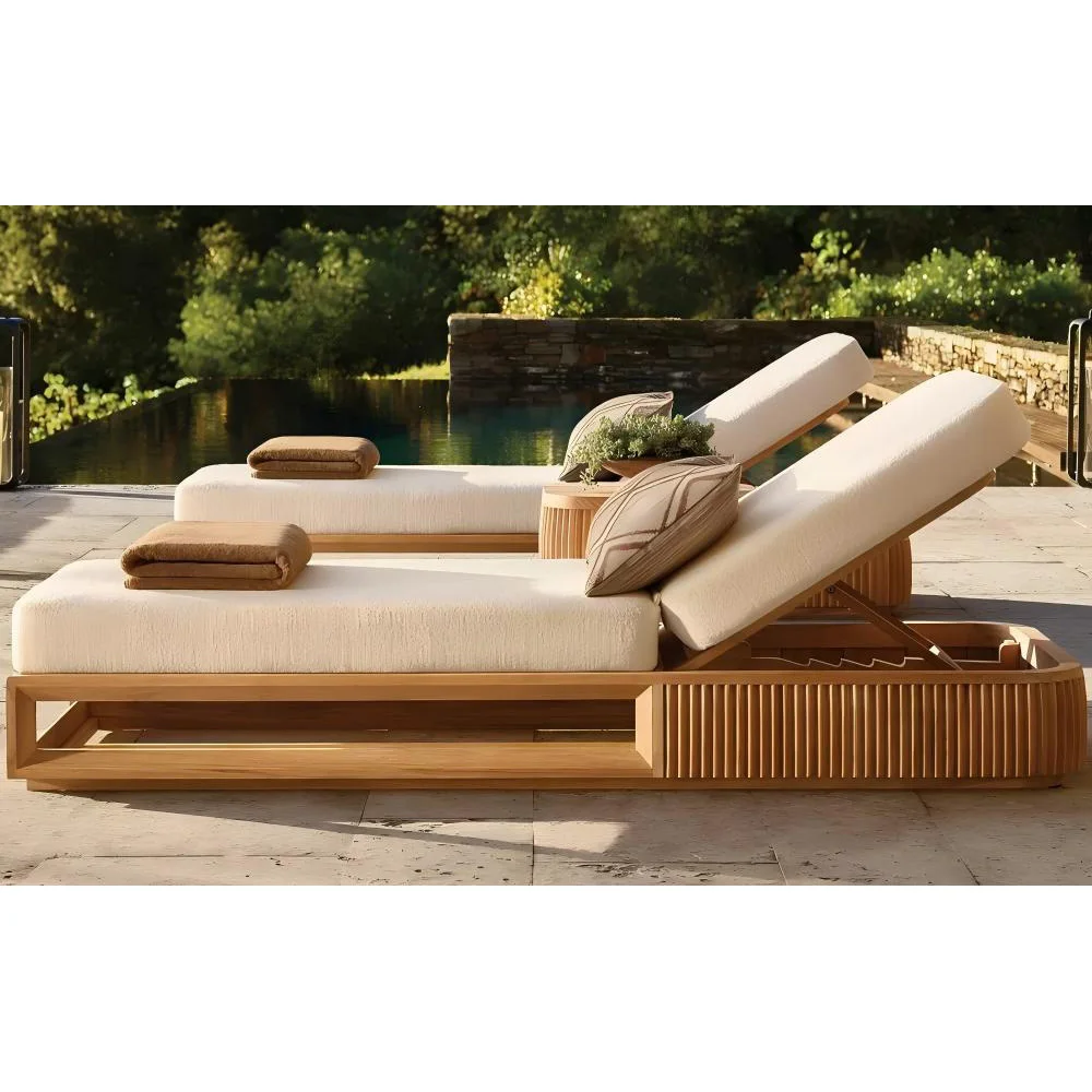 

Teak Distinctive Vertical Reeding Design Swimming Pool Sunbathing Loungers Furniture Daybed Outdoor Chaise Lounge
