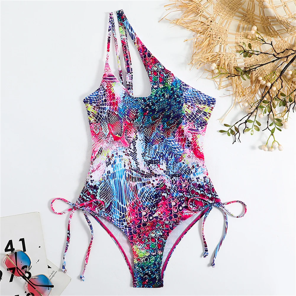 

Multicolor Printed Bikini Single-shoulder Vacation Swimsuit Women One-piece Graffiti Y2K Hollow Drawstring Swimwear Beach Outfit