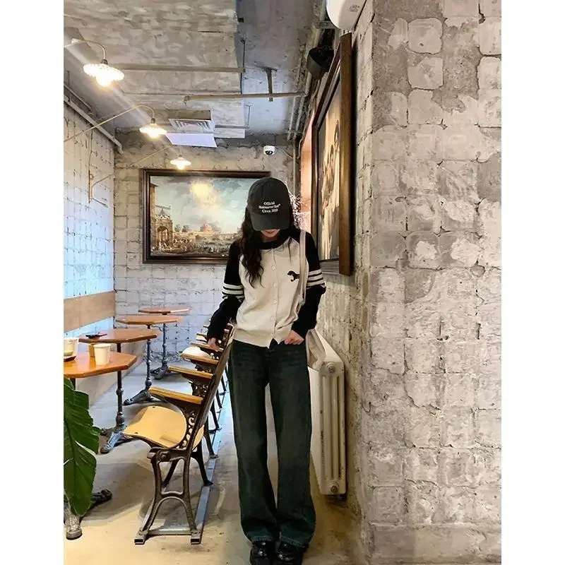 Koreanische Mode Kleine Hund Muster Colorblock Strickjacke Für Frauen 2024 Frühling Neue Herbst Weichen Stoff Kawaii Pullover