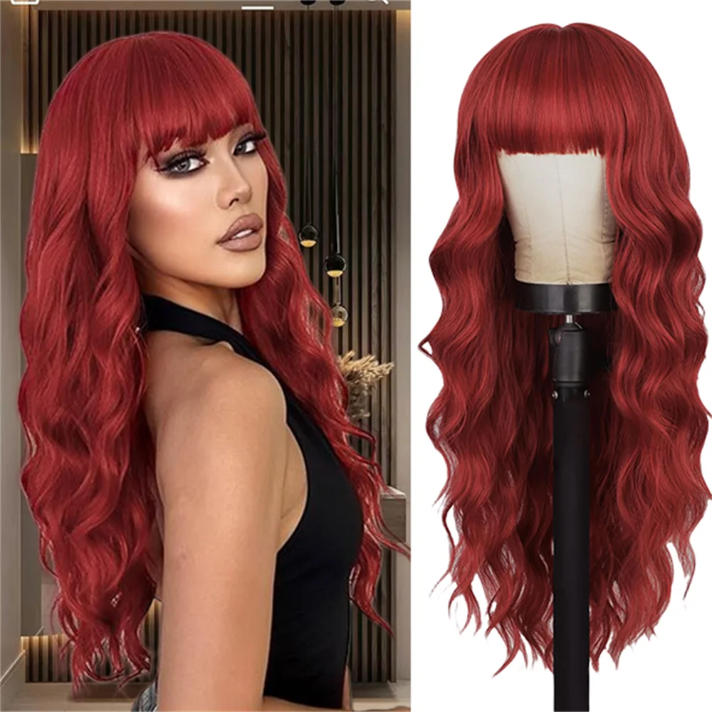 Long Daily Use Red Wig With Bangs, 26 Inch Heat Resistant Synthetic Curly Wavy Full Wig For Women, Halloween Christmas Festival