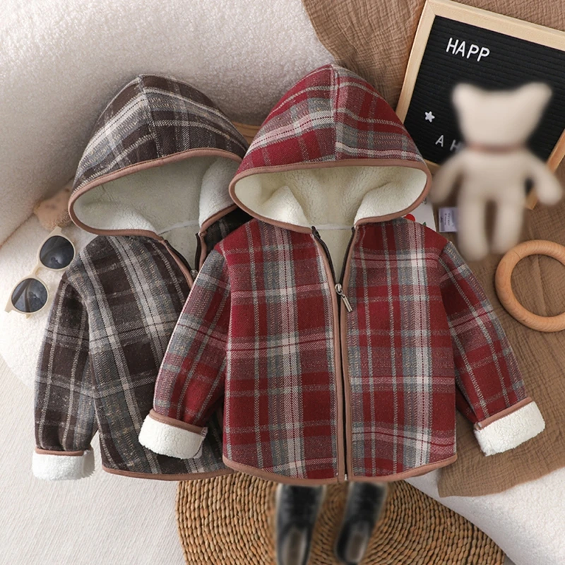 Winter Autumn Boys Girls Padded Thickened Hooded Jacket Outerweat Long Sleeve Plaid Coats New Children's Hoodies Coats