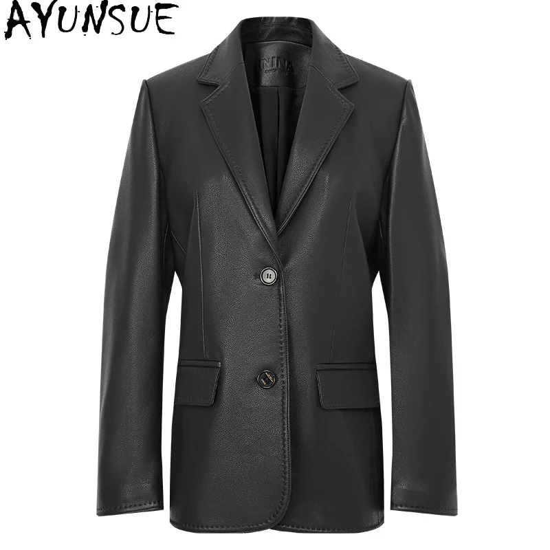 AYUNSUE リアルシープスキン本革ジャケット女性 2025 春秋服ミッドレングススーツコートファッション Jaqueta デ Couro