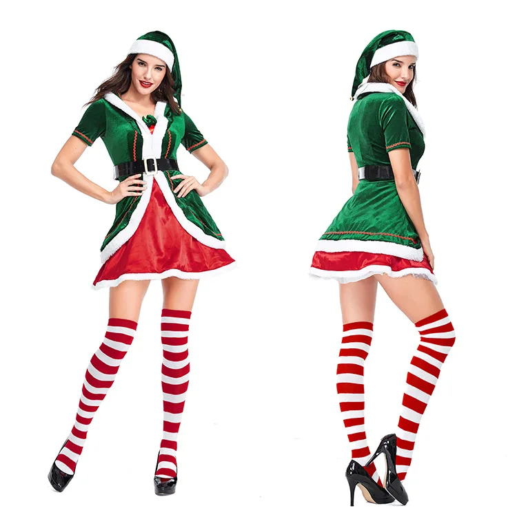 Men Women Christmas Santa Claus Costume Green Elk Cosplay Family Christmas Party New Year Fancy Dress Clothes Set for Adult