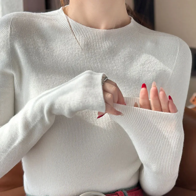 

Вязаный свитер, женские пуловеры, новый белый вязаный свитер с длинным рукавом и круглым вырезом, пуловер, женские топы, трикотажные изделия Sueters De Mujer Q1152