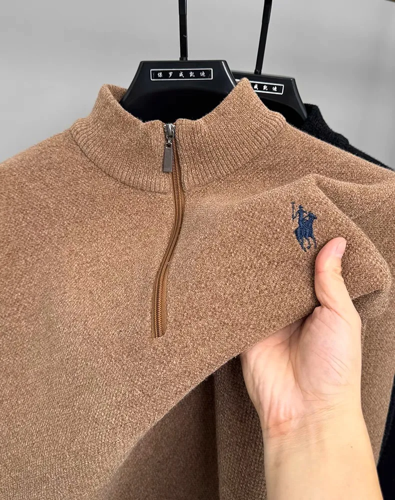Maglione lavorato a maglia da uomo di marca di fascia alta di lusso Paul pony ricamo peluche addensare autunno inverno caldo pullover con colletto alla coreana con mezza cerniera