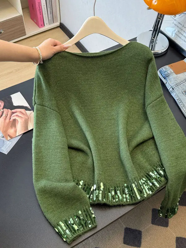 

Женский свитер большого размера с длинными рукавами, расшитый пайетками, в корейском стиле, для повседневной носки, декоративный топ
