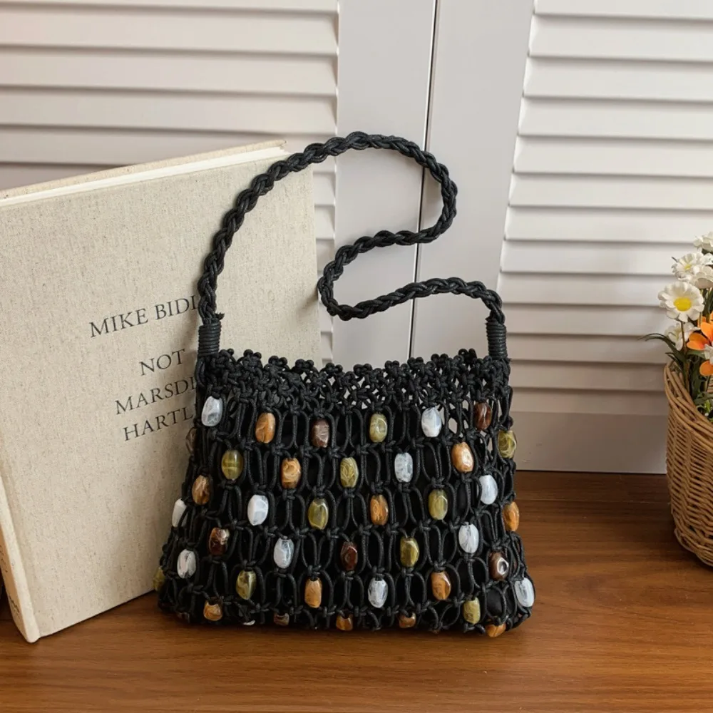 

Сумка-сетка в корейском стиле, плетеная из бисера, с восковой веревкой, в этническом стиле, с бусинами, сумка-тоут, плетеная пляжная сумка, повседневная сумка