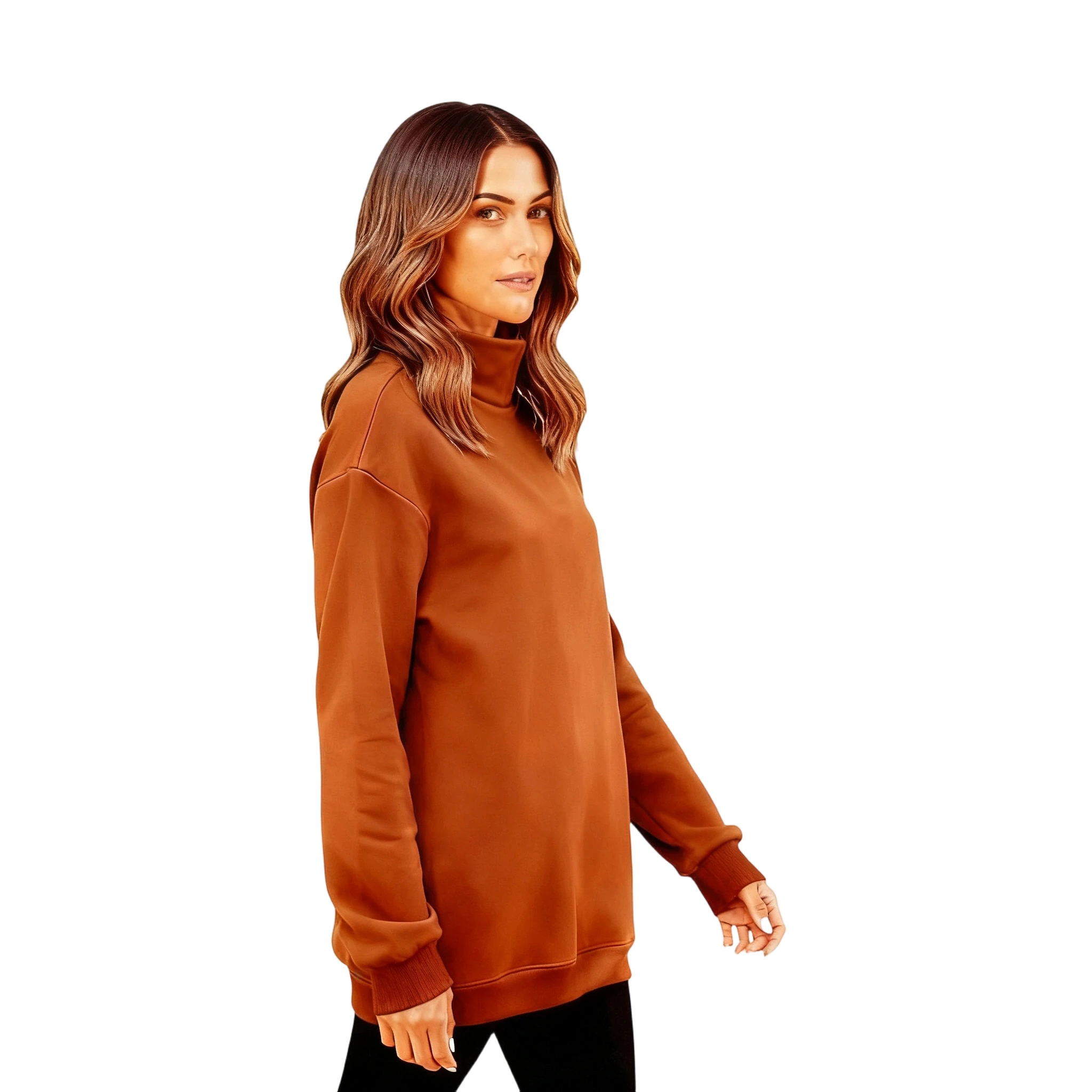 เสื้อสเวตเชิ้ตลำลองสำหรับผู้หญิง เสื้อสตรีสำหรับใส่ในชีวิตประจำวัน แฟชั่นหลวมๆ สีพื้น คอสูง เป็นที่นิยมในหมู่คนดังทางอินเทอร์เน็ต