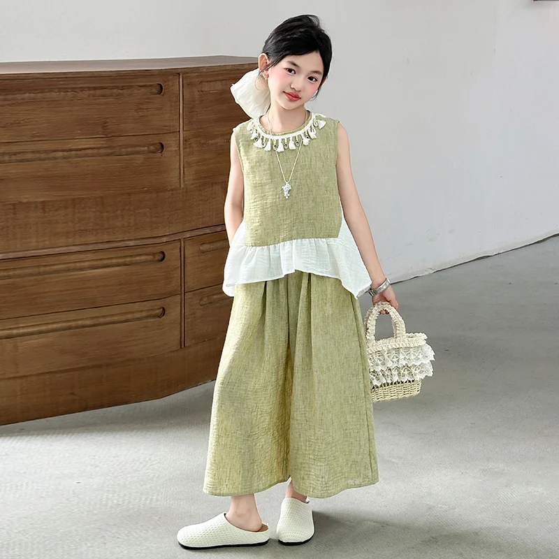 5-12Yrs school girl princess set green summer cotton and linen splicing set sleeveless shirt cool wide leg pants two-piece set