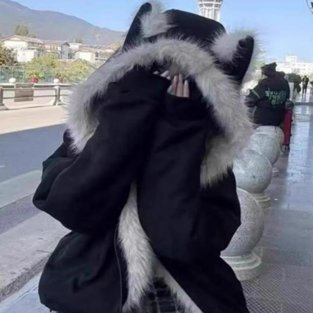 Women Winter Hoodie Cat Rabbit Ear Seat Mountain Carving Design Thickened Warm Cotton Coat Short Robe
