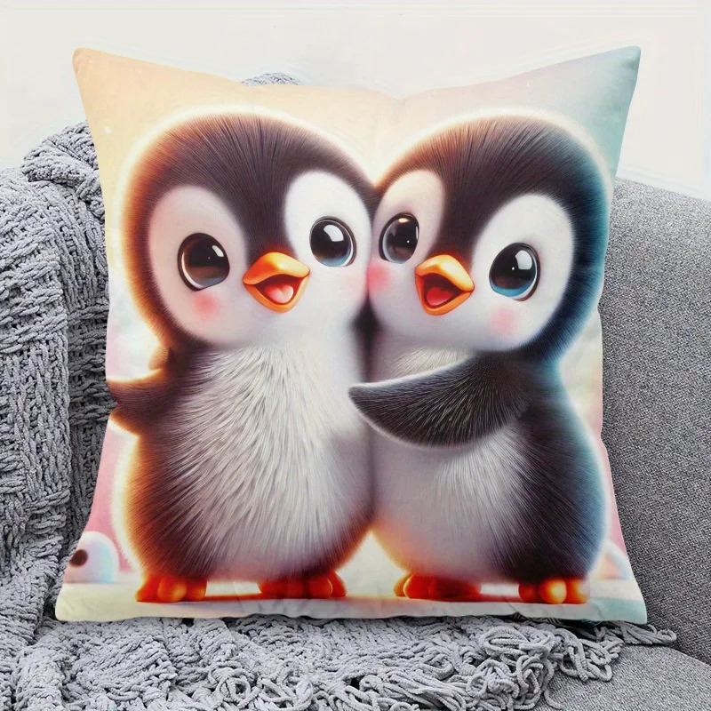 Double Sided Cute Penguin Hugging Pattern Decorative Throw Pillow Case Festive Animal Art Cushion Cover for Sofa Home Decor