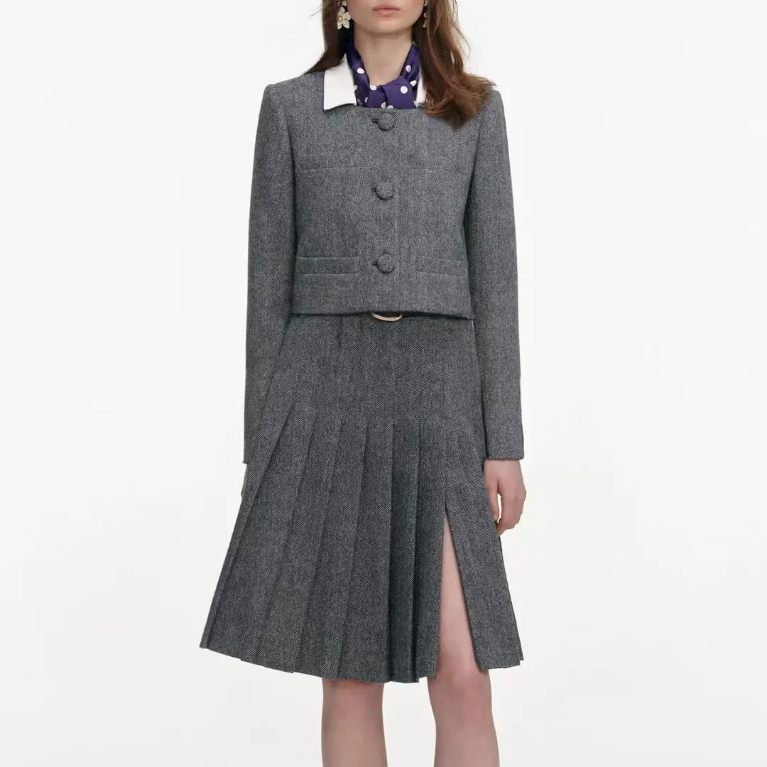 

Женский модный комплект из смеси шерсти, съемный шарф, короткое пальто + плиссированная юбка с разрезом