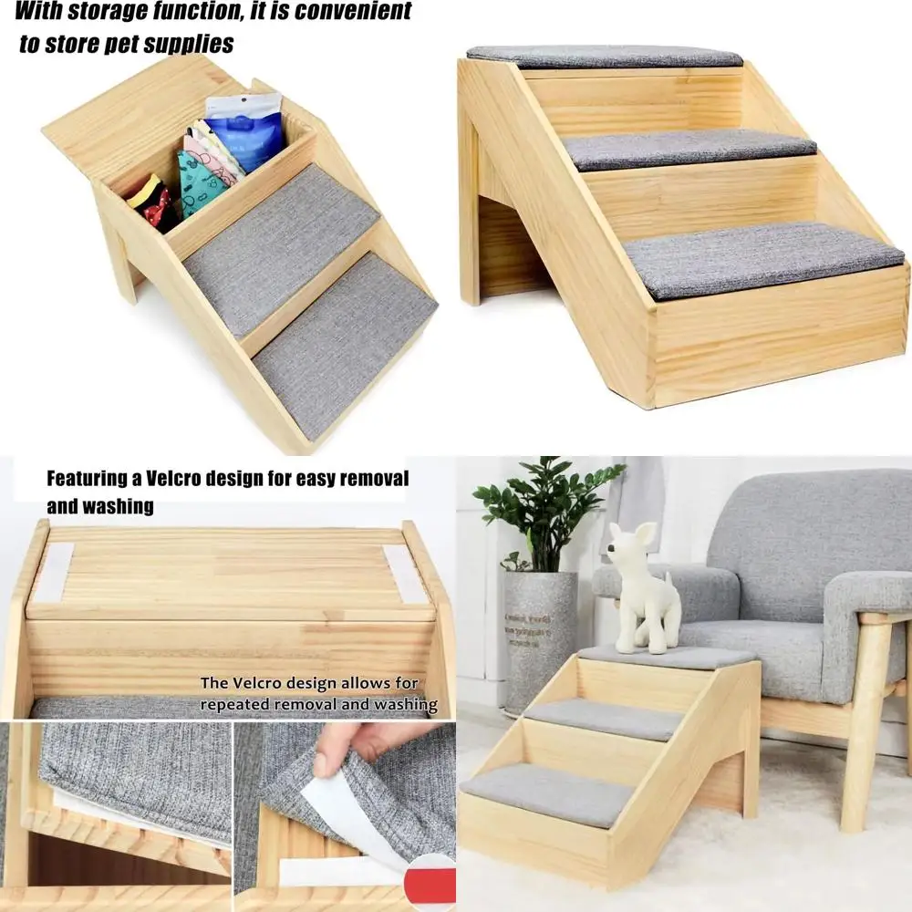 

Лестница для животных из массива дерева с 3 нескользящими ступенями, безопасная рампа для подъема для маленьких собак и кошек, для кровати, дивана или высоких поверхностей, с поддержкой