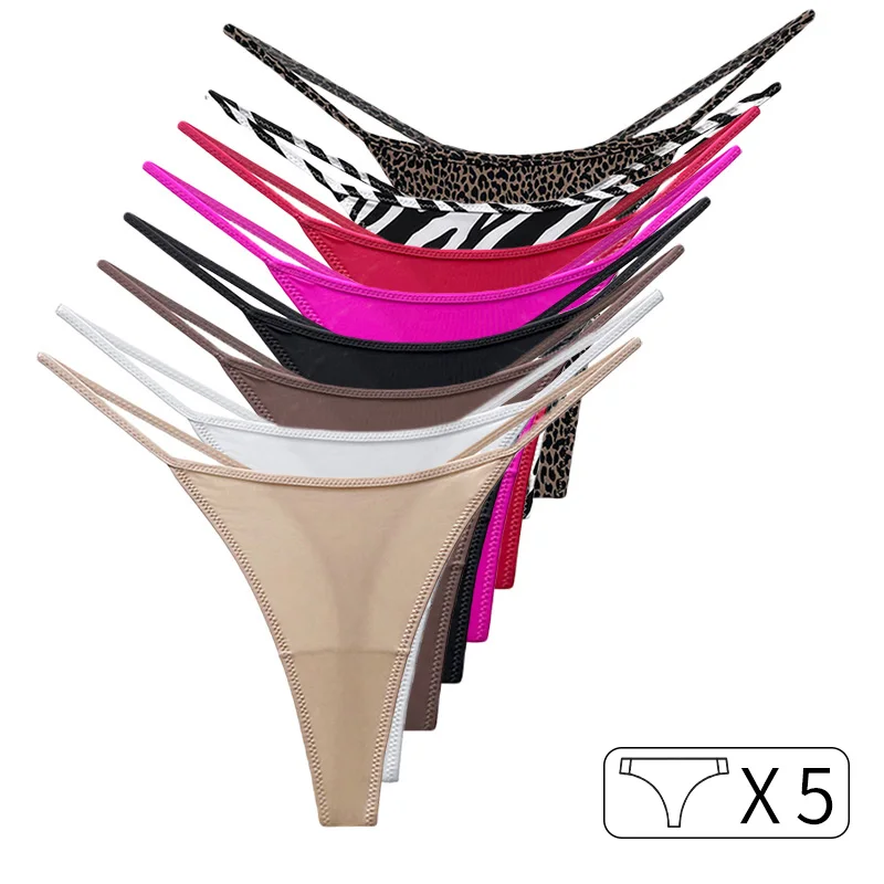 5Pcs Niski stan Dziewczęta G String Leopard Kobiety Majtki Seksowne Majtki Stringi Ice Slik T-back Bielizna Damska Rozmiar S-XL