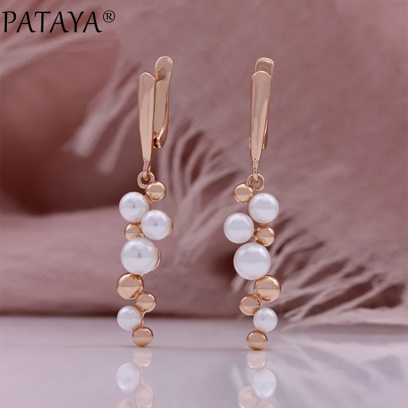 PATAYA Unique Geometric Glossy Long Pearl Drop Earrings for Women 585 Rose Gold Color Bridal Wedding Accessories Daily Jewelry