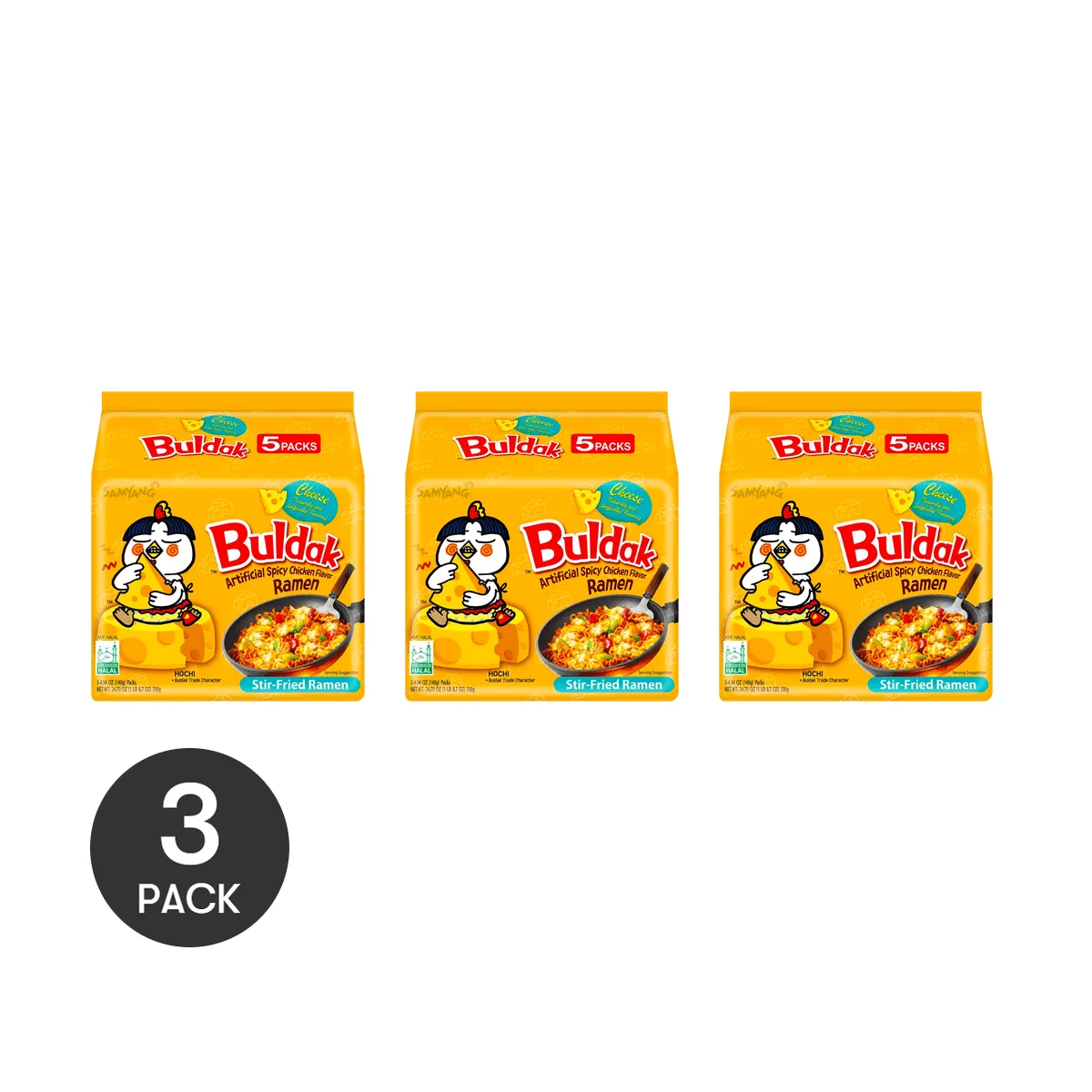 [3Packs 15Pieces]Korean Buldak Noodles Stir-Fried Ramen - Hot Chicken Flavor with Cheese, 4.93oz*5Pcs*3Packs