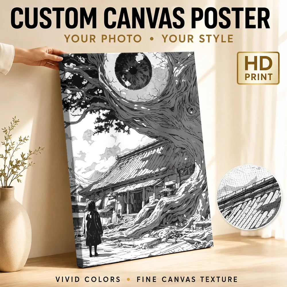 Surreal Eyeball Tree Overlooking Ruined Canvas Print Poster Custom Photo Gothic Horror Wall Paintings Decoration for Game Room