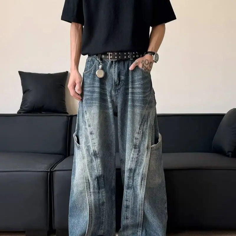 

American wash deconstruction scimitar jeans men and women design sense youth straight loose wide leg floor pants