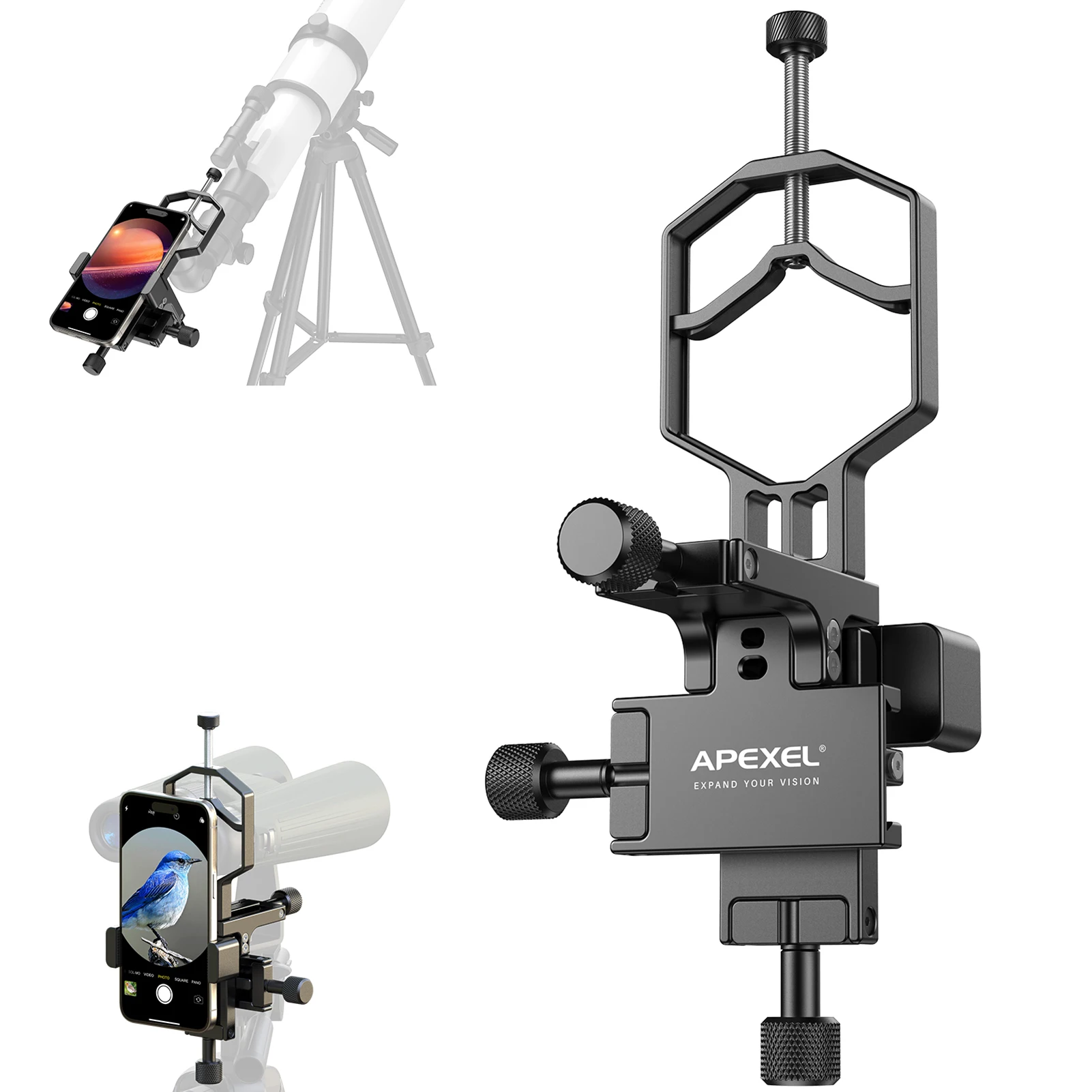 APEXEL Universal Phone Mount for Telescope Phone Scope Digiscoping Adapter 3-Axis Metal Phone Holder for Telescope Spotting