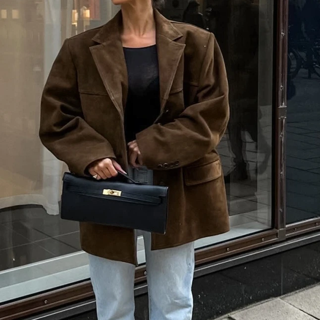 

2026 Winter Suede Coat Women's Mid Long Notched Lapel Thickened Vintage Style Office Jacket