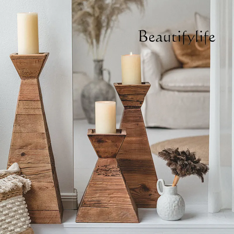 

Home old pine floor candle holder heavy industry retro American pastoral style combination solid wood candle base table