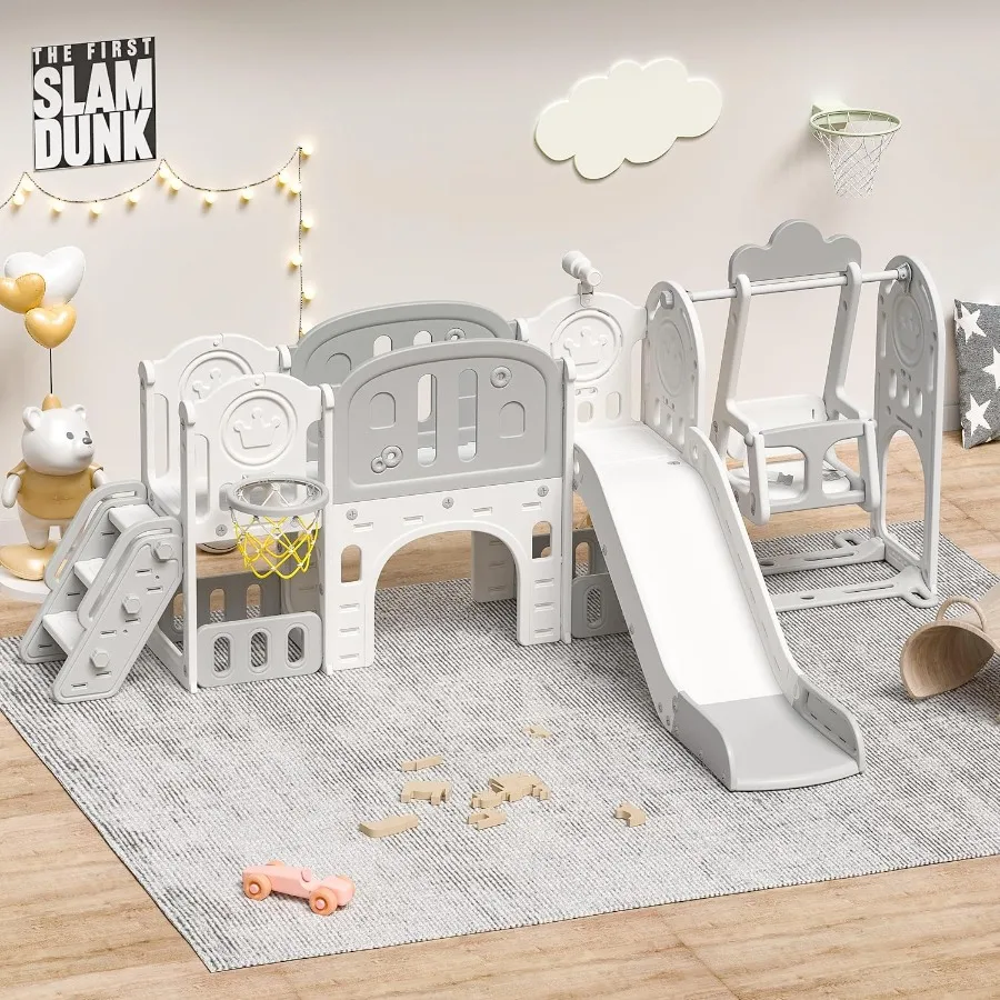 

Игровой набор для малышей 11 в 1, для заднего двора: включает комплект направляющих-качели, баскетбольное кольцо, футбольные ворота, скалолазание, стена и Extra Lo