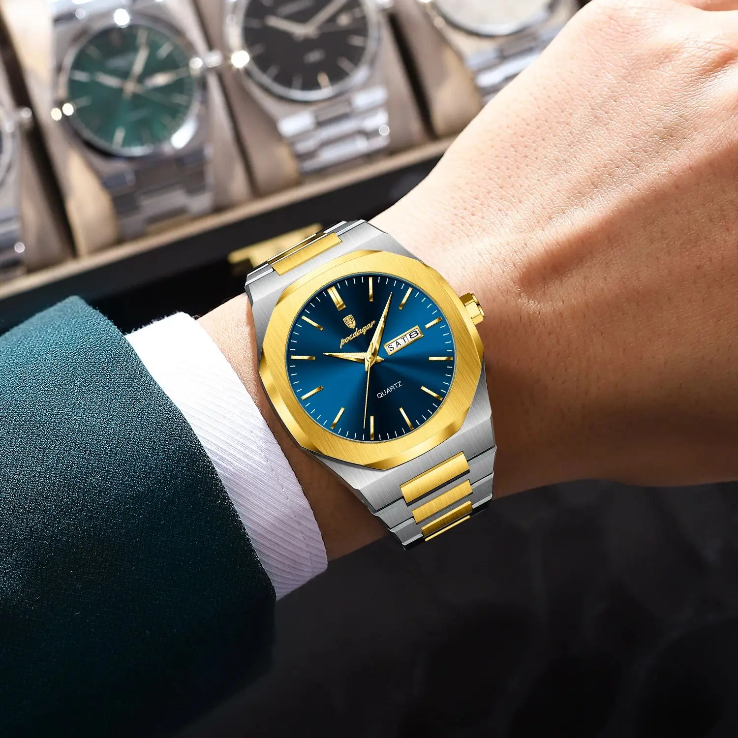 POEDAGAR موضة فاخرة ساعات كوارتز رجالية الفولاذ المقاوم للصدأ تاريخ الأسبوع رجل ساعة اليد مقاوم للماء مضيئة الرياضة الرجال ساعة Reloj