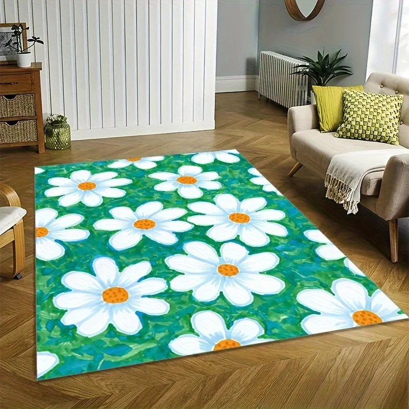 

Area Mat, White Daisy Floral Pattern on Green Background - Non-Slip, Suitable for Living Room, Bedroom or Cafe Decor, Commercial