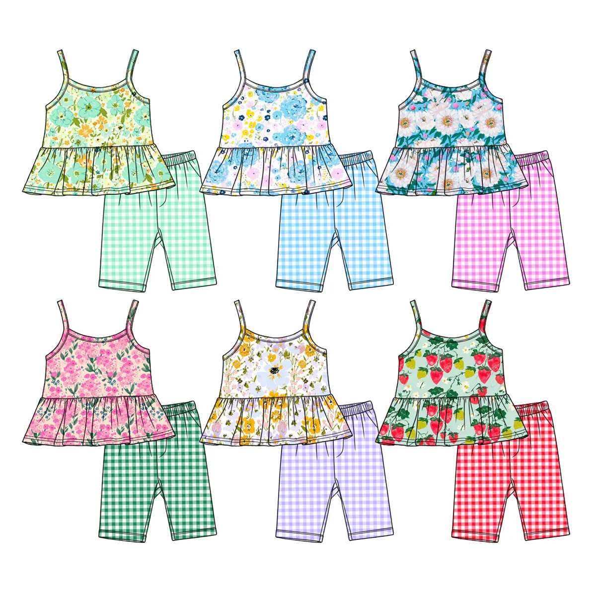Strawberry and Floral Print Camisole Top and Plaid Leggings Shorts New Summer Style Girls Fashionable Boutique Set