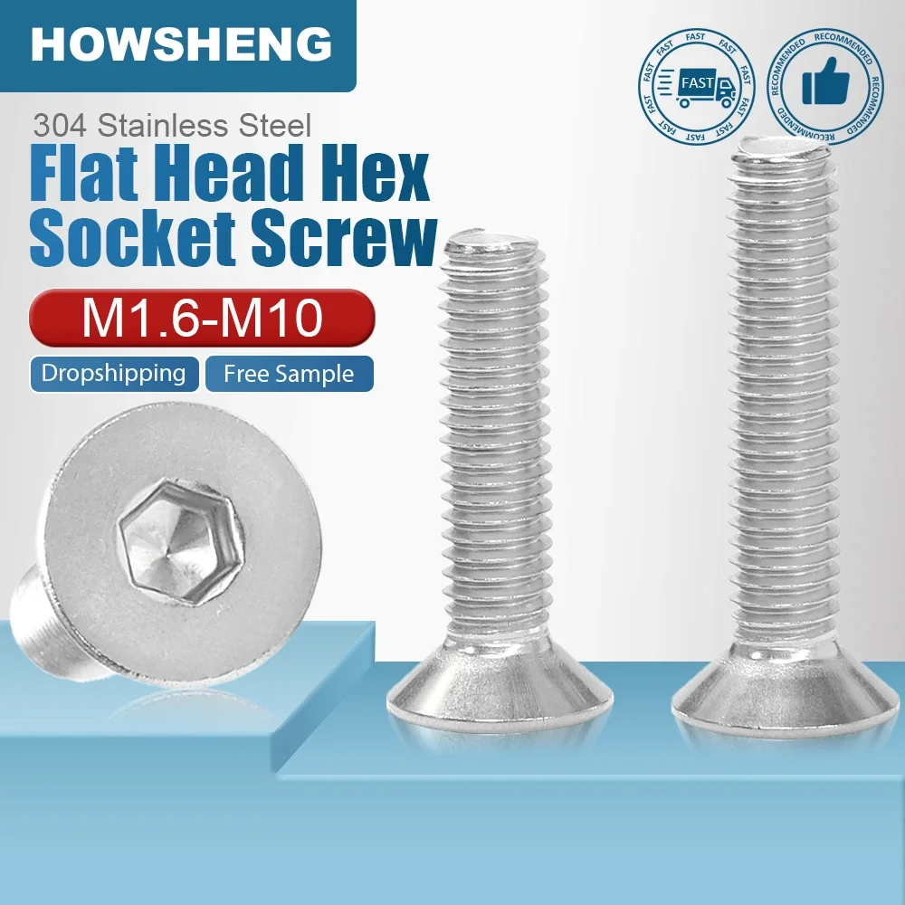 HOWSHENG 2-50pcs Hex Socket Flat Head Screw M2 M2.5 M3 M4 M5 M6 M8 M10 Stainless Steel Allen Countersunk Head Bolts