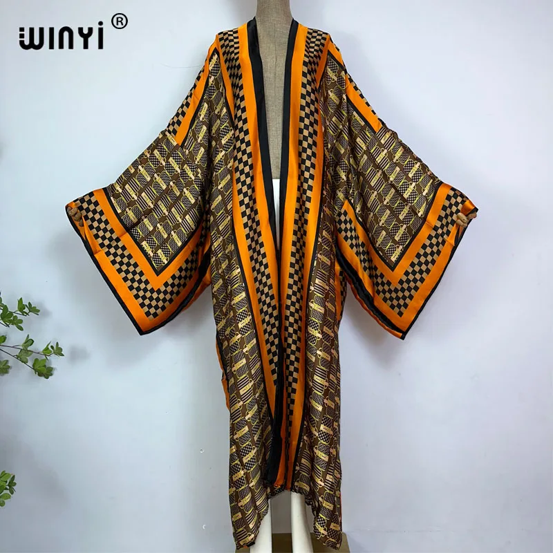 

WINYI new bright fashion printing sweet lady beach Bohemian long Cardigan Cover-up stitch Casual Boho Maxi Holiday party kimono