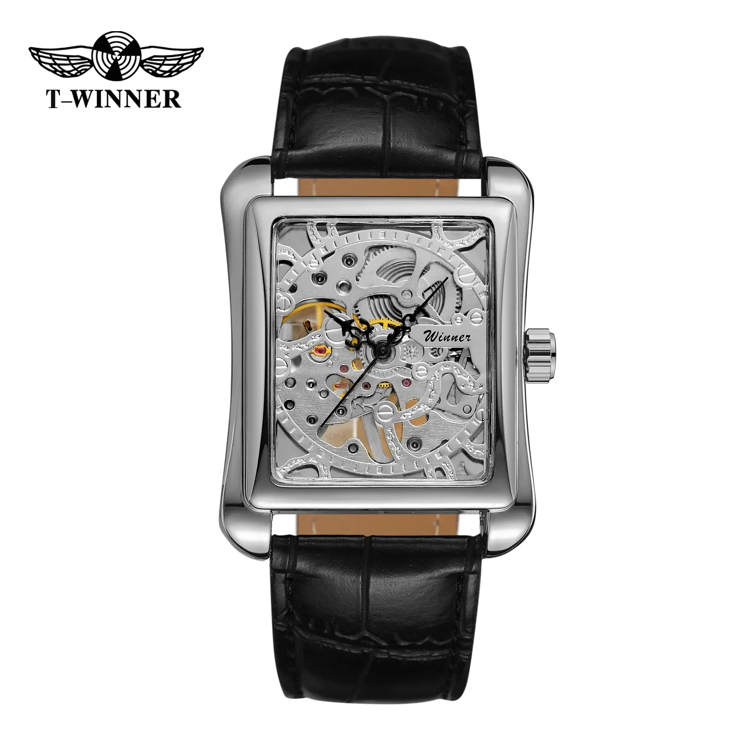 

Luxury Brand New Retro Casual Series Rectangle Dial Design Silver Pattern Hollow Skeleton Mechanical Hand Wind Watch Mens Watch