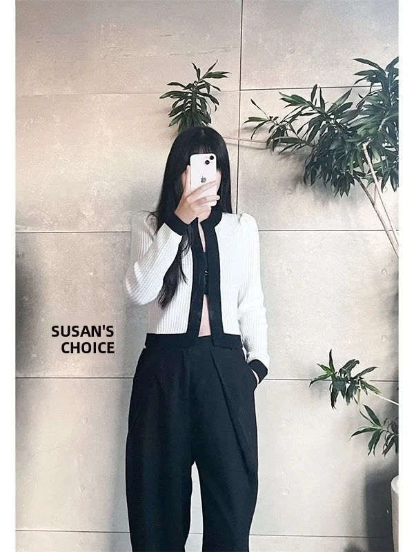 

Susan Pure Fashion Black White Long Sleeve Knitted Short Cardigan Women's Top Luxury Style Regular Fit Girl's Autumn Outerwear