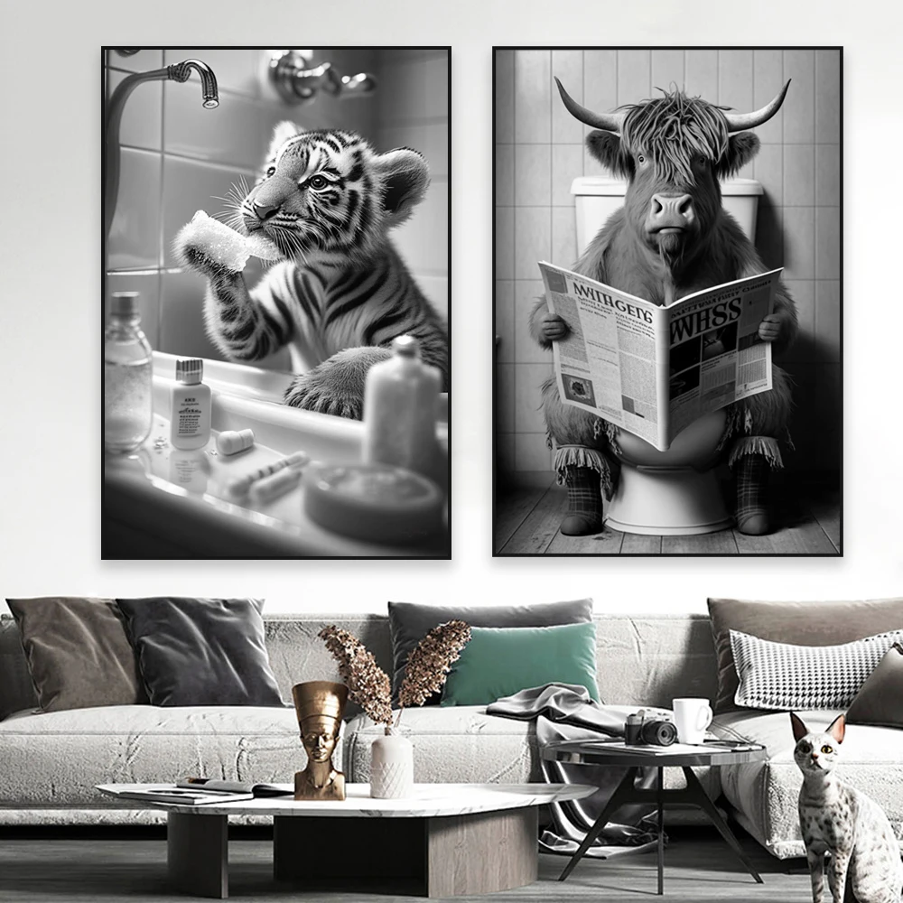 

Black and White Art Poster Cow Animal Bathroom Print Decor Bear Reading the Newspaper Funny Canvas Painting Home Toilet Decor