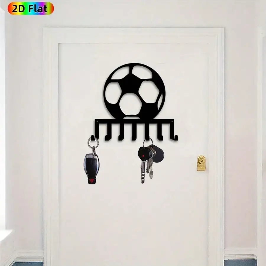Soccer Key Hanger for Wall - 7 Heavy Duty Metal Key Hooks, Vintage Football Decor for Sports Room, Entryway, Living Room, Ideal